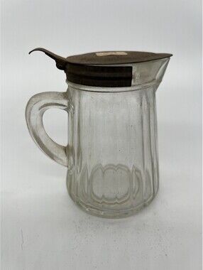 Antique Primitive Ribbed Glass Syrup Pitcher with Tin Lid